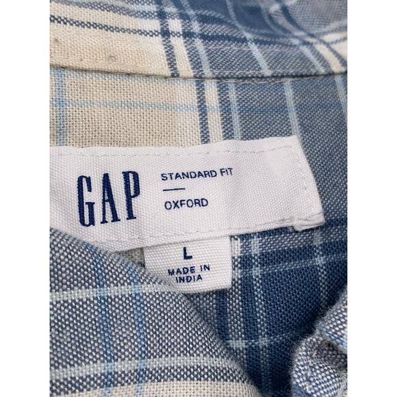 GAP Men's Blue-Cream Plaid Button-Up Long Sleeve Standard-Fit Oxford Shirt SZ L - Picture 9 of 10